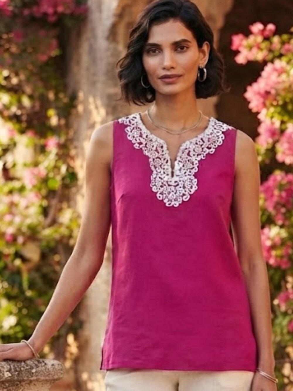 Lafayette 148 New York Fuchsia Sleeveless Linen Camisole with White Embroidery 4